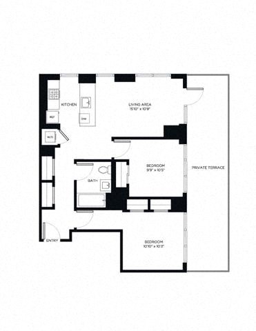 Floor plan for 2 beds, 1 bath, 878 sqft