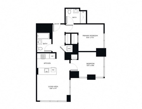 Floor plan for 2 beds, 2 baths, 880 sqft