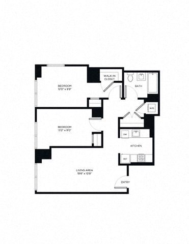 Floor plan for 2 beds, 1 bath, 897 sqft