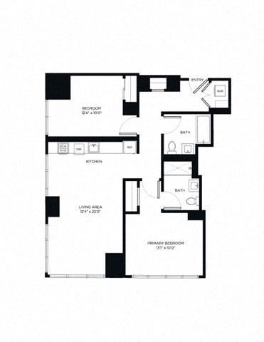 Floor plan for 2 beds, 2 baths, 957 sqft