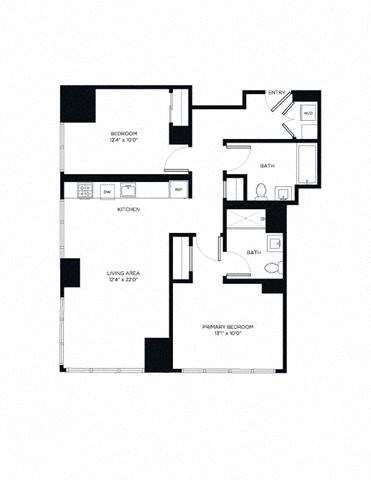 Floor plan for 2 beds, 2 baths, 965 sqft