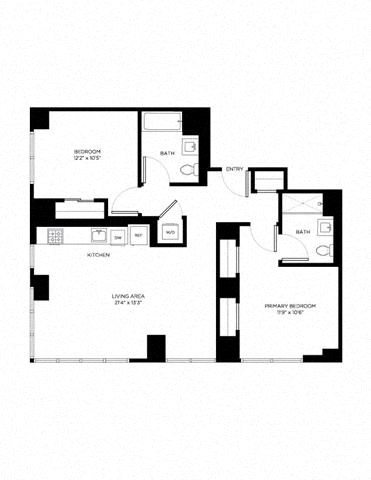 Floor plan for 2 beds, 2 baths, 1000 sqft