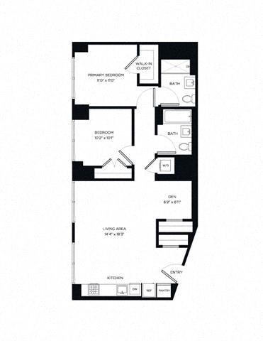 Floor plan for 2 beds, 2 baths, 1023 sqft