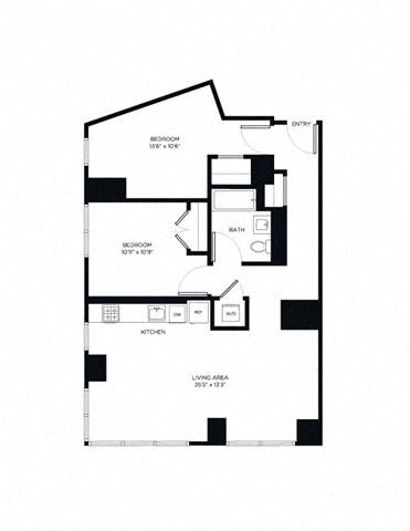 Floor plan for 2 beds, 1 bath, 1029 sqft