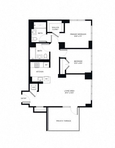 Floor plan for 2 beds, 2 baths, 1041 sqft