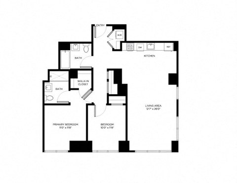 Floor plan for 2 beds, 2 baths, 1065 sqft