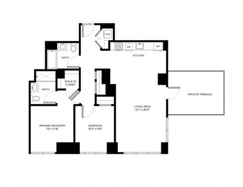Floor plan for 2 beds, 2 baths, 1065 sqft