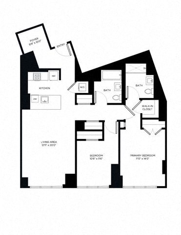 Floor plan for 2 beds, 2 baths, 1211 sqft