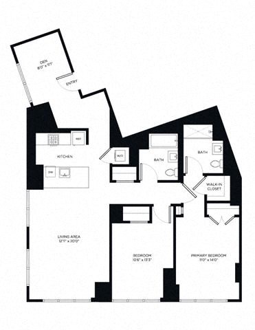 Floor plan for 2 beds, 2 baths, 1280 sqft