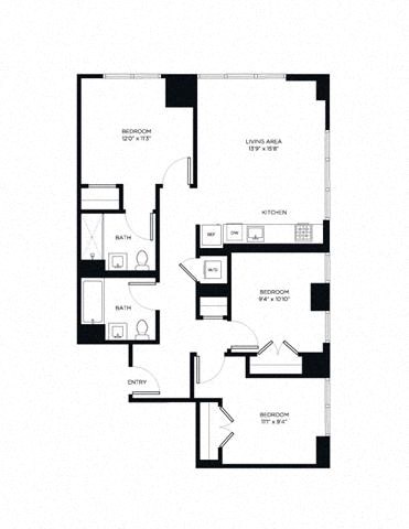 Floor plan for 3 beds, 2 baths, 1065 sqft