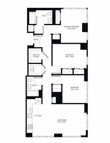 Floor plan for 3 beds, 2 baths, 1385 sqft
