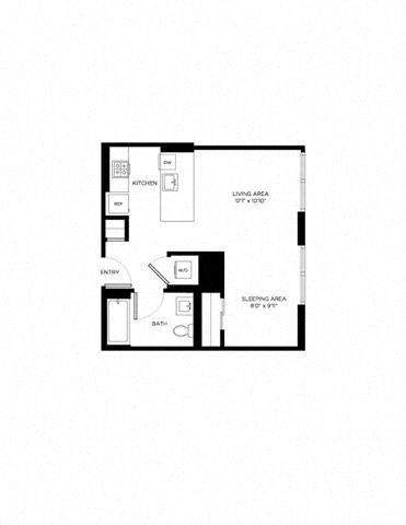 Floor plan for studio, 1 bath, 477 sqft