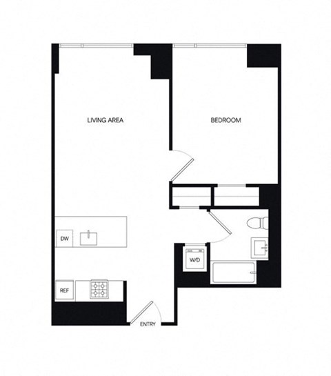 Floor plan for 1 bed, 1 bath, 686 sqft