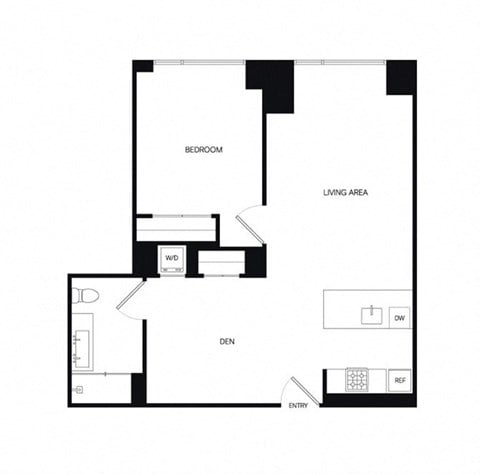 Floor plan for 1 bed, 1 bath, 802 sqft