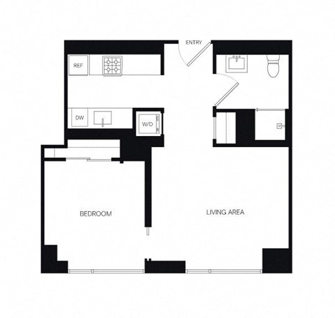 Floor plan for 1 bed, 1 bath, 576 sqft