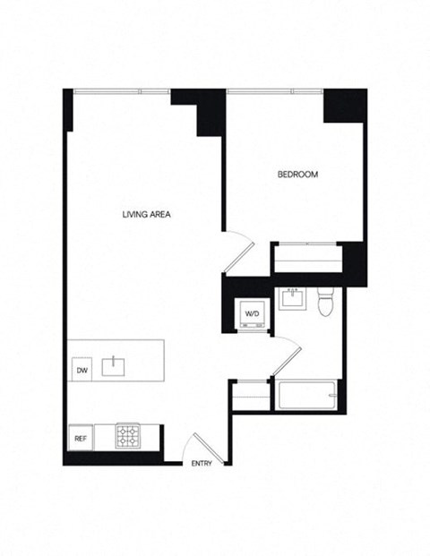 Floor plan for 1 bed, 1 bath, 664 sqft