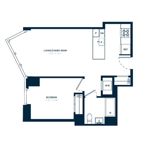 Floor plan for 1 bed, 1 bath, 667 sqft