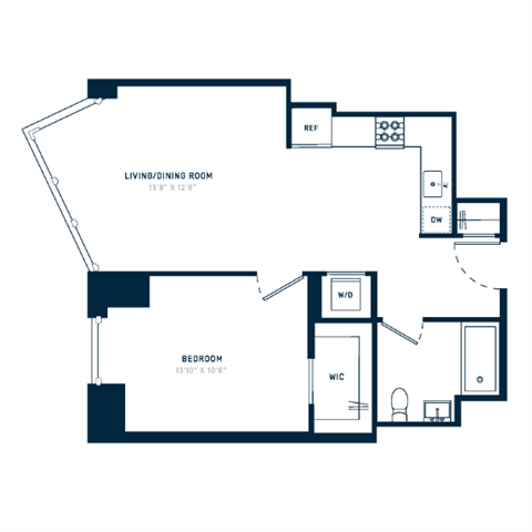 Floor plan for 1 bed, 1 bath, 673 sqft