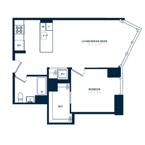 Floor plan for 1 bed, 1 bath, 682 sqft