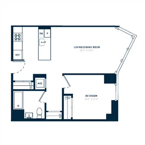 Floor plan for 1 bed, 1 bath, 722 sqft