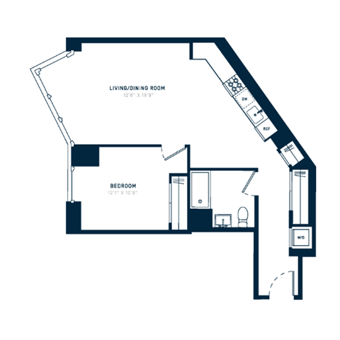 Floor plan for 1 bed, 1 bath, 729 sqft