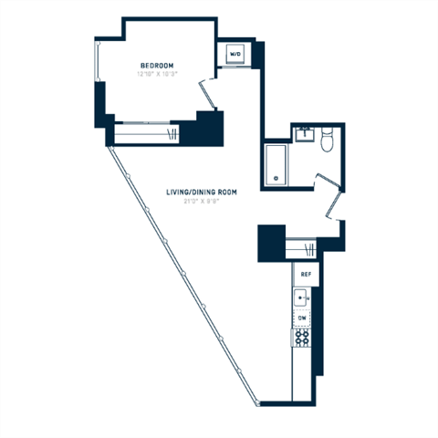 Floor plan for 1 bed, 1 bath, 729 sqft