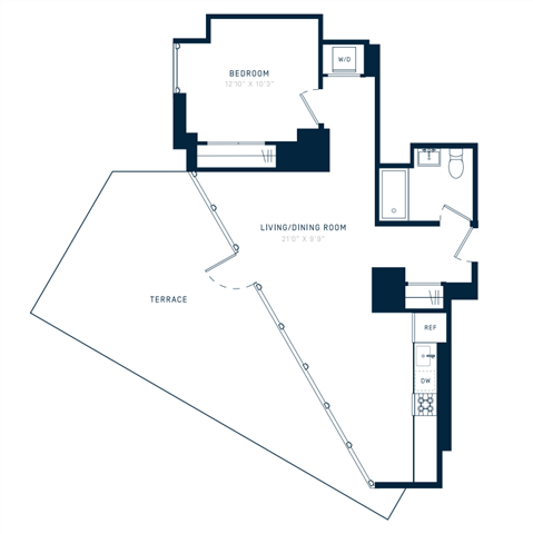 Floor plan for 1 bed, 1 bath, 729 sqft