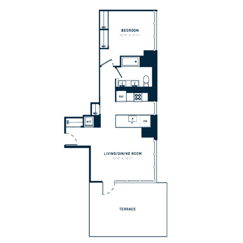 Floor plan for 1 bed, 1 bath, 833 sqft