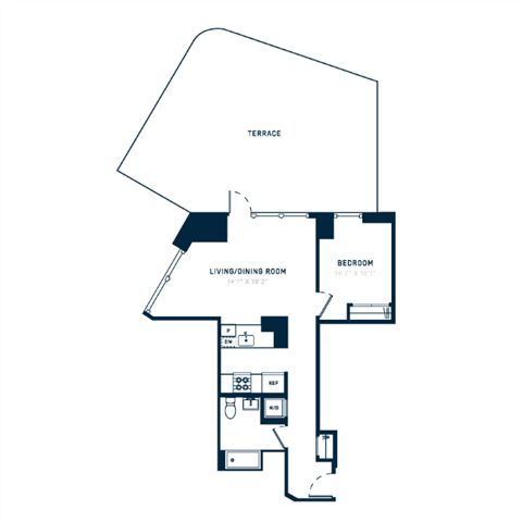 Floor plan for 1 bed, 1 bath, 846 sqft