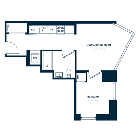 Floor plan for 1 bed, 1 bath, 503 sqft