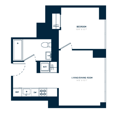 Floor plan for 1 bed, 1 bath, 534 sqft