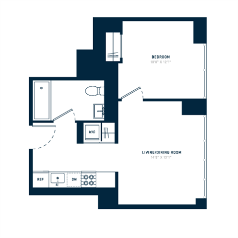 Floor plan for 1 bed, 1 bath, 534 sqft