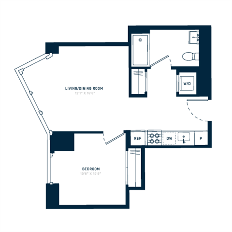 Floor plan for 1 bed, 1 bath, 535 sqft