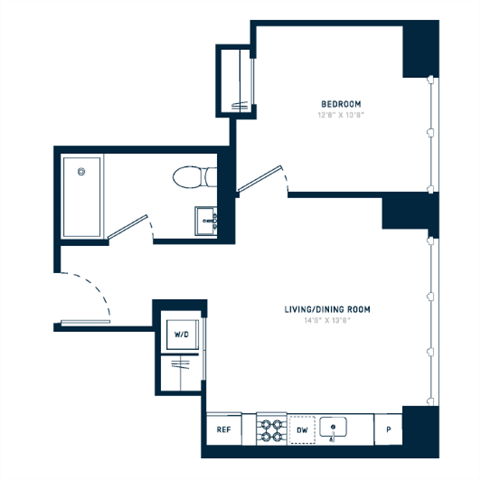 Floor plan for 1 bed, 1 bath, 537 sqft