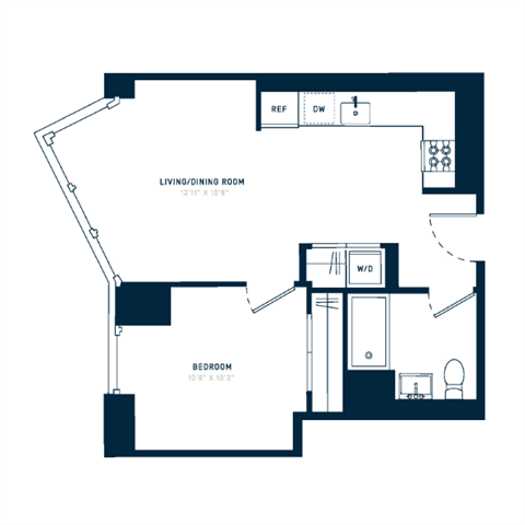 Floor plan for 1 bed, 1 bath, 568 sqft