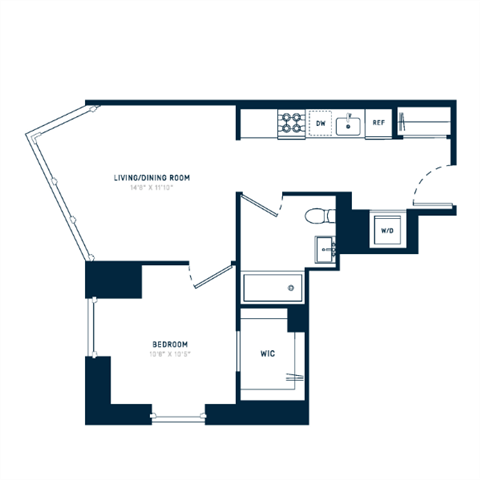 Floor plan for 1 bed, 1 bath, 570 sqft