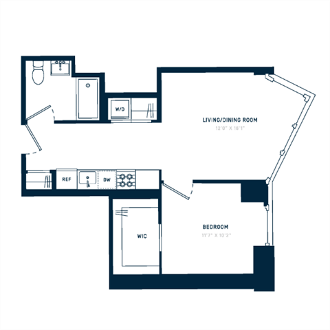 Floor plan for 1 bed, 1 bath, 584 sqft