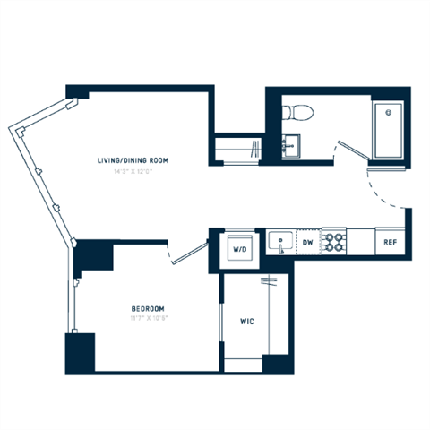Floor plan for 1 bed, 1 bath, 587 sqft