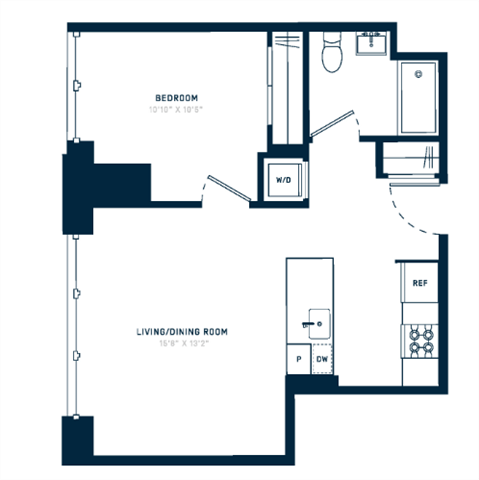 Floor plan for 1 bed, 1 bath, 601 sqft