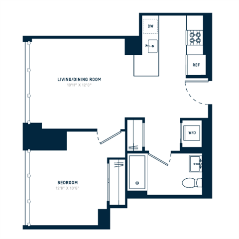 Floor plan for 1 bed, 1 bath, 601 sqft