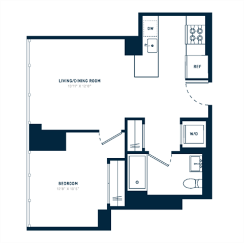 Floor plan for 1 bed, 1 bath, 601 sqft