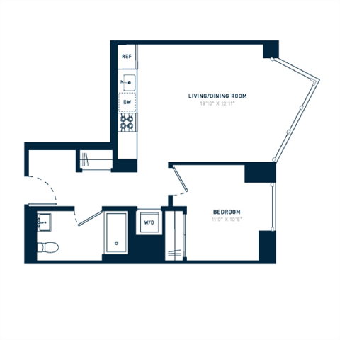 Floor plan for 1 bed, 1 bath, 612 sqft