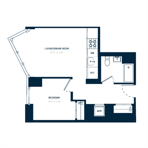 Floor plan for 1 bed, 1 bath, 625 sqft