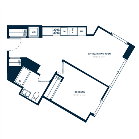 Floor plan for 1 bed, 1 bath, 635 sqft