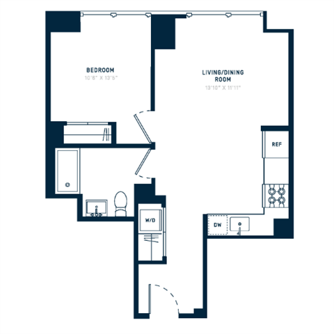 Floor plan for 1 bed, 1 bath, 638 sqft