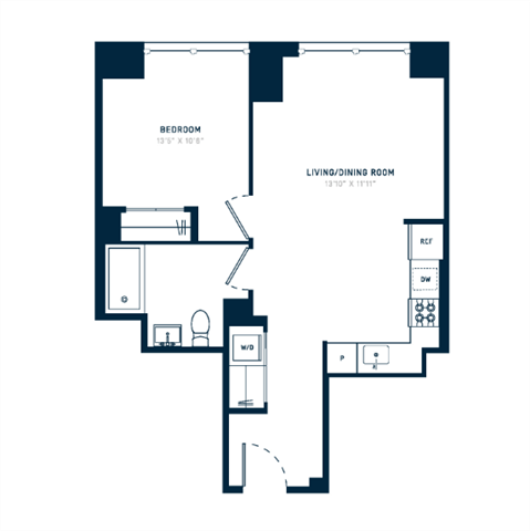 Floor plan for 1 bed, 1 bath, 638 sqft