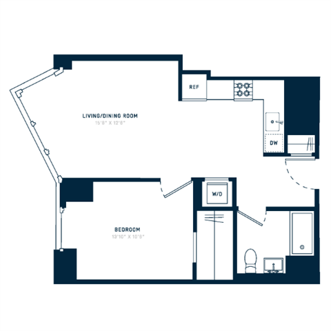 Floor plan for 1 bed, 1 bath, 653 sqft
