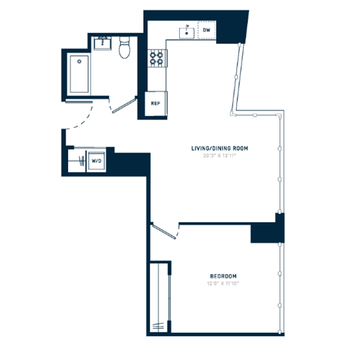 Floor plan for 1 bed, 1 bath, 658 sqft