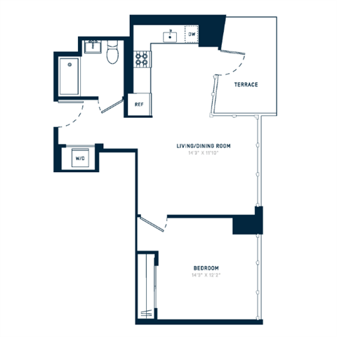 Floor plan for 1 bed, 1 bath, 658 sqft