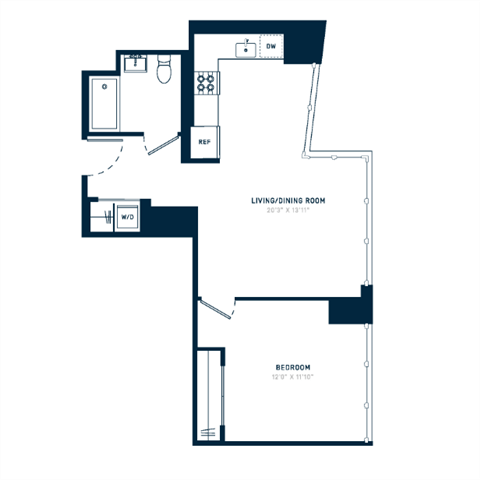 Floor plan for 1 bed, 1 bath, 658 sqft